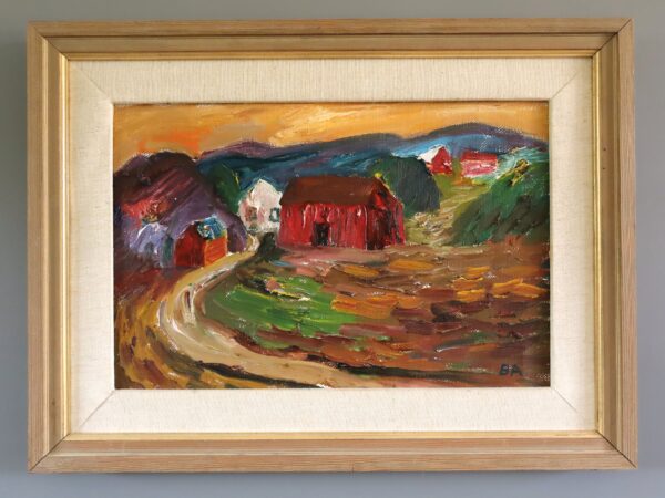 Crimson Barns at Dusk